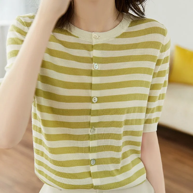 Striped Knitted Short Sleeve Shirts & Tops